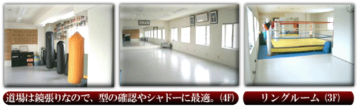 道場は鏡張りなので、型の確認やシャドーに最適。(4F) リングルーム(3F)